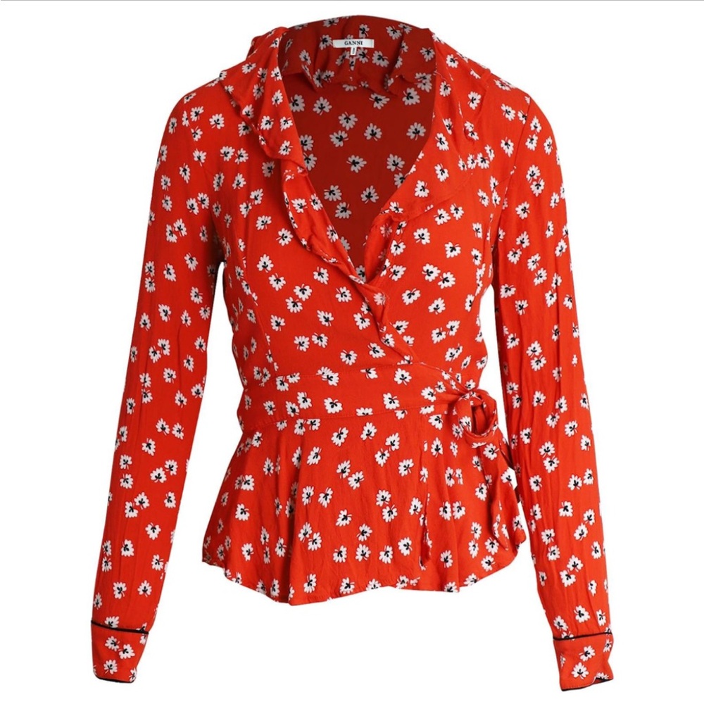 Ganni Silvery Ruffled Floral-Print Crepe Wrap Top in Red Viscose Size XS